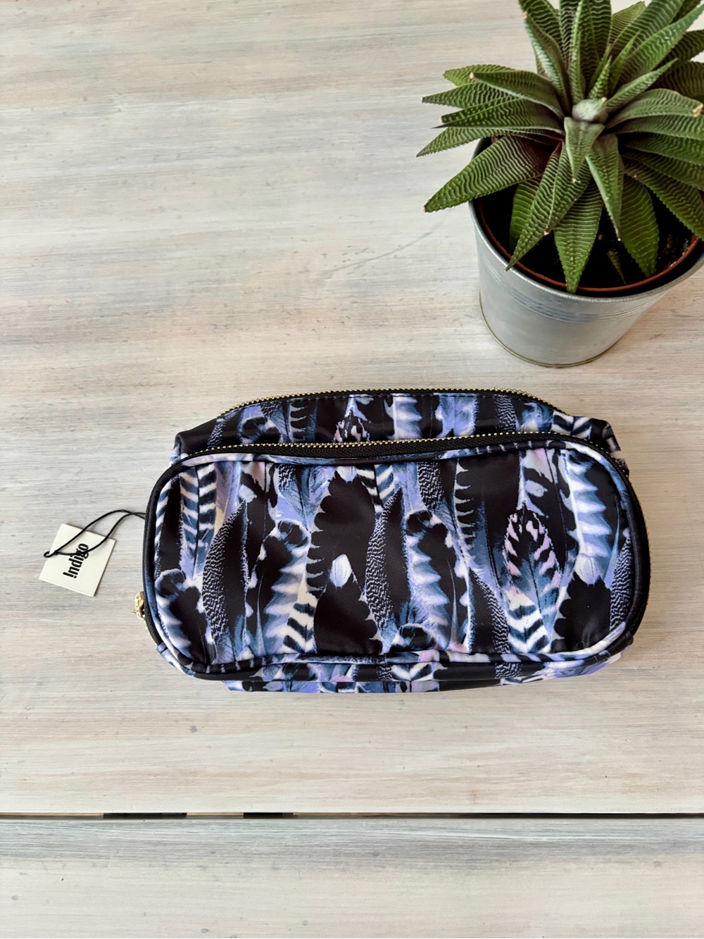Indigo Multi‑Compartment Zippered Pouch Feather Print Cosmetic/Travel Bag